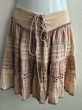 Of Two Minds Boho Tiered Lace-Up Cotton Blend Skirt in Tan Tones OS